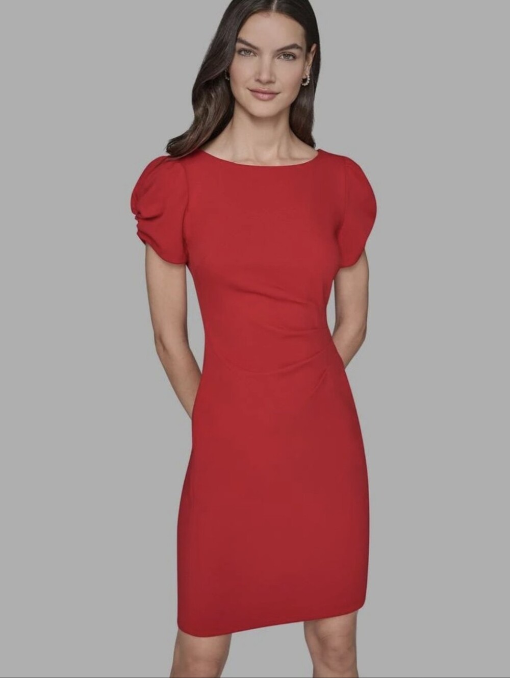 Karl Lagerfeld Red Puff-Sleeve Ruched Sheath Dress, Size 12